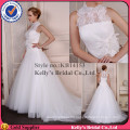 halter high collar neck lace with fabric handmade flowers and feather wedding dresses